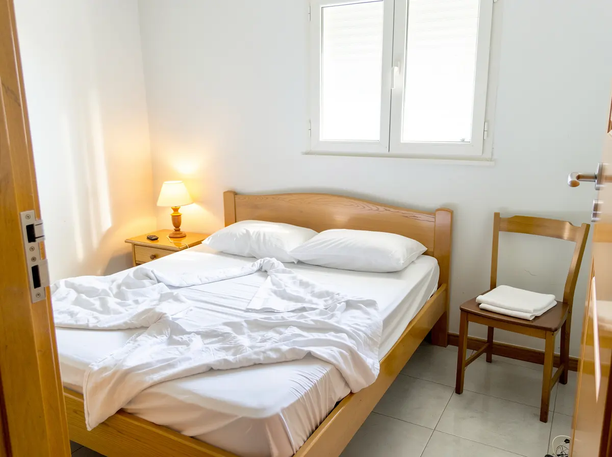 La même chambre retouchée : lumineuse, blancs neutres, verticales droites